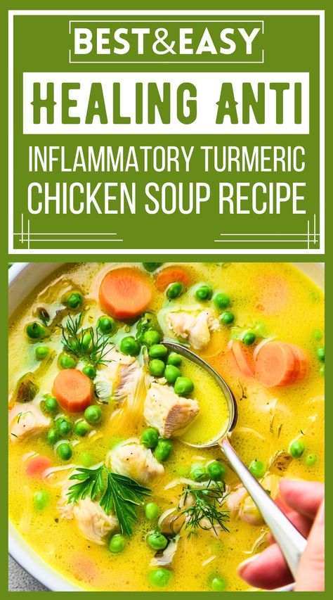 Healing Anti-inflammatory Turmeric Chicken Soup Recipe Immune Chicken Soup, Anti Inflammation Tumeric Chicken Soup, Healing Soup Recipes Immune System, Healing Soups For Colds, Sore Throat Soup, Soup For Sore Throat, Healing Soup Recipes, Antiinflammatory Soup, Healing Chicken Soup