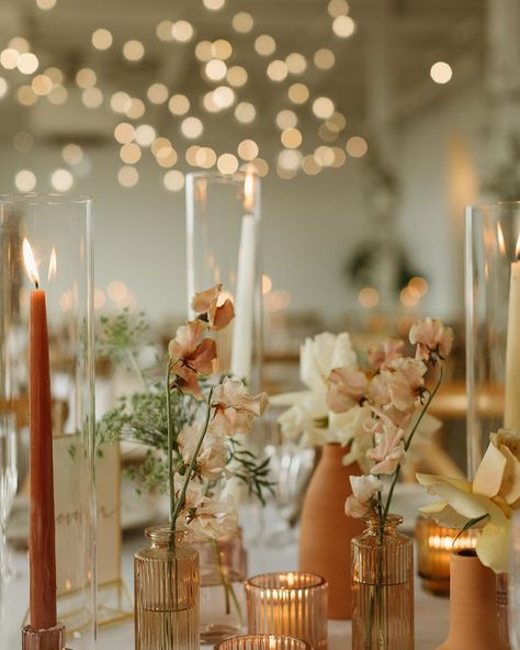 Candles In Glasses Wedding, Enclosed Taper Candles Wedding, Enclosed Candles Wedding, Candle Sticks In Glass Cylinder, Tapered Candles Wedding, Glass Candle Holders Wedding, Candle Votive Centerpiece, Taper Candle Centerpiece, Wedding Plate Setting