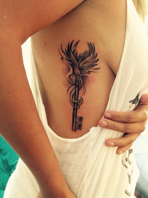 Phoenix skeleton key tattoo Phoenix Tattoo Women, Skeleton Key Tattoo, Key Tattoo Designs, Tattoo Modern, Phoenix Tattoo Feminine, Phönix Tattoo, Key Tattoos, Key Tattoo, Phoenix Tattoo Design