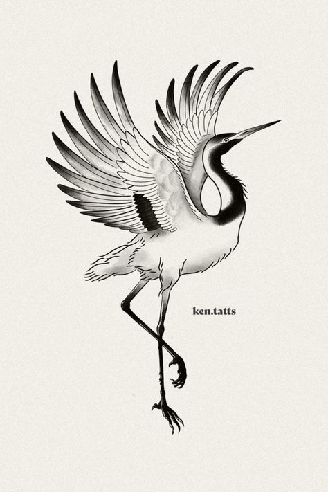 Blackwork Crane Tattoo, Two Cranes Tattoo, Japanese Crane Back Tattoo, Japanese Style Crane Tattoo, Crane Tattoo Design, Crane In Water Tattoo, Crane Drawing, Heron Tattoo, Small Back Tattoos