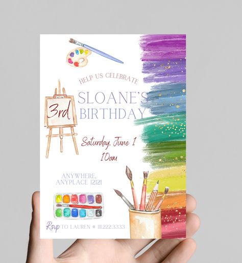 Art theme birthday invitation, rainbow paint and gold glitter, paintbrush, painting, coloring, little girl birthday party, age customizable Art Themed Party Invitations, Paint Birthday Party Invitations, Sip And Paint Birthday Invitations, Art Party Invitations Template, Art Gallery Birthday Party, Dates Background, Paintbrush Painting, Artist Birthday Party, Art Birthday Invitations