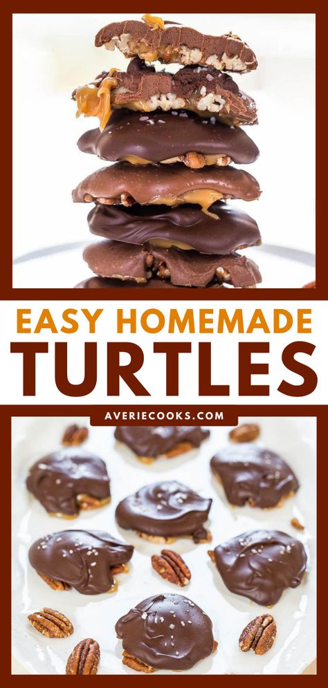 Pecan Turtles Recipe, Homemade Turtles, Turtle Recipe, Chocolate Turtle, Averie Cooks, Chocolate Turtles, Candy Recipes Homemade, Christmas Candy Recipes, Chocolate Pecan