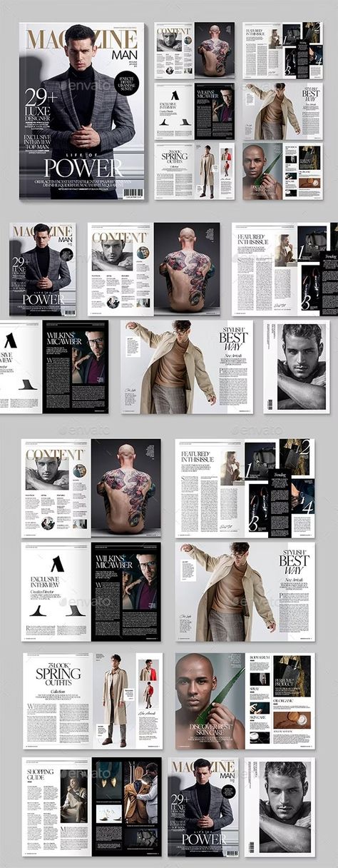 Men's Fashion Magazine Template, Print Templates | GraphicRiver Vogue Magazine Design, Movie Magazine Layout, Tabloid Layout, Layout Design Magazine, Fashion Magazine Layout Design, Magazine Page Design, Fashion Magazine Template, Magazine Page Layouts, Typography Magazine