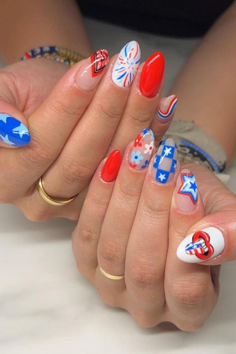 34 Super Cute and Patriotic Fourth of July Nails Inspo Fourth Of July Nails Cherry, Fourth Of July Aura Nails, 4th Of July Nails Funky, Cherry 4th Of July Nails, Red And Blue Cherry Nails, Simple 4th Of July Nails Fireworks, Almond Fourth Of July Nails, Trendy 4th Of July Nails, Fourth Of July Nails Almond Shape