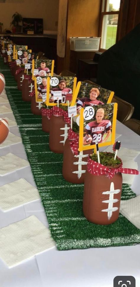 Flag Football Party, Football Party Centerpieces, 49ers Birthday Party, Football Banquet Centerpieces, Football Dinner, Football Themed Food, Football Centerpieces, Senior Party, Ut Football