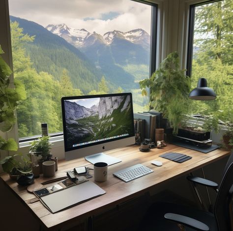 Dreamy Desk, Dream Workplace, Sauna Bathroom Design, Natural Artwork, Nature Room, Modern Home Offices, Zen House, Cool Office Space, Green Office