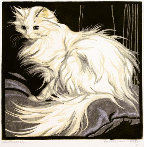 Linocut, signed, 1925, 18 x 18 cm Angora Cat, Turkish Angora Cat, Angora Cats, Turkish Angora, Cat Illustrations, Art Et Illustration, Art And Illustration, Cat Sitting, Woodblock Print