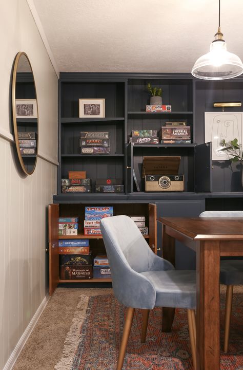 Before & After: Basement Storage Becomes a Game Room! - Chris Loves Julia Bathrooms Shelves, Veneer Fanart, Wardrobe Corner, Aesthetic Shelf, Veneer Trolls, Pastel Desk, Baddie Bedroom, Basement Decoration, Board Game Room