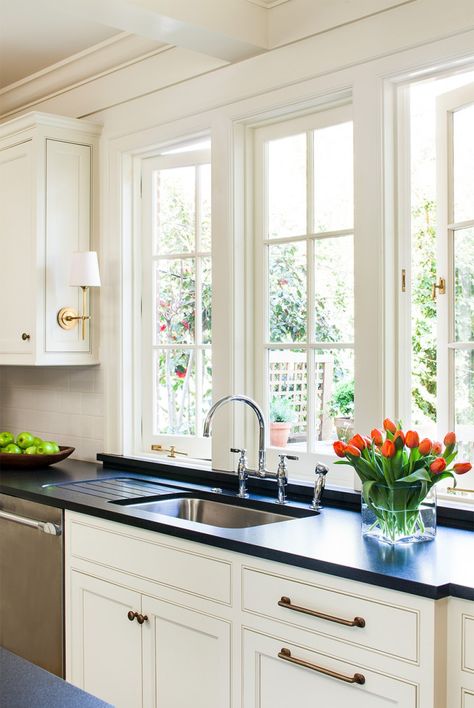 Sconces on cabinets above kitchen sink window Cottage Kitchen Sinks, Kitchen Sink With Window, Window Over Kitchen Sink, Sink Window, Above Kitchen Sink, Kitchen Bay Window, Kitchen Sink Window, Kitchen Window Design, Cottage Style Kitchen