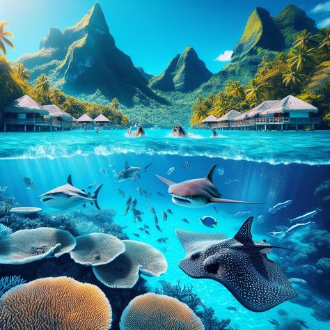 Explore Bora Bora's vibrant coral gardens and swim with rays and sharks in the crystal-clear lagoon! 🏝️🐠🦈 #IslandParadise #BoraBora #TravelGoals Have you ever snorkeled with marine wildlife? Marine Wildlife, Coral Garden, Island Destinations, Bora Bora, Travel Goals, Sharks, Snorkeling, Crystal Clear, Top 10