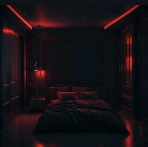 A bedroom with black walls and red LED's lining the walls with large bed and center with a night stand to the left of it illuminated by a black lamp that shines red light Dark Aesthetic Bedroom Ideas Led Lights, Dark Home Esthetics, Black Theme Bedroom Ideas, Red And Black Bedroom Aesthetic, Black And Red Bedroom Aesthetic, Red And Black Room Aesthetic, Black And Red Room Aesthetic, Red Led Lights Bedroom Aesthetic, Red Lights Bedroom