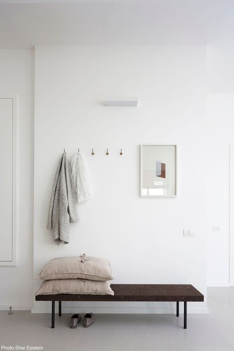 Nordic Wooden Bench Minimalist Entryway, Small Condo, Entryway Inspiration, Entry Wall, Condo Interior, Piano Room, Multipurpose Room, White Floors, Wooden Bench