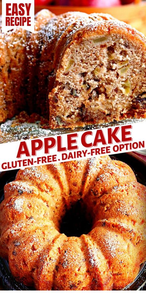 gluten-free apple cake and sliced gluten-free apple cake Apple Bundt Cake Recipe, Apple Dapple, Gluten Free Apple Recipes, Gluten Free Apple Cake, Apple Bundt Cake, Gluten Free Cake Recipe, Easy Gluten Free Desserts, Bundt Cake Recipe, Moist Cake