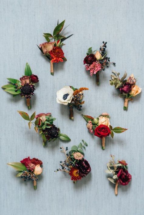 Fall boutonnieres by Wild Fleurette, Richmond, Charlottesville, Virginia and destination wedding florist, colorful flowers, burgundy, greenery, orange, gold, cream, black, Venue: Upper Shirley Vineyards, Planner: Kate Phillips Events, Act Photo, bold autumn flowers, October Wedding Boutineers, Fall Boutonniere Burgundy, Wedding Floral Boutonniere, Small Bridesmaid Bouquet Simple Fall, Flower Pins Wedding Groomsmen, Fall Wedding Flowers Boutonniere, Classic Fall Wedding Flowers, Autumn Wedding Boutonniere, Groom Boutonniere Burgundy