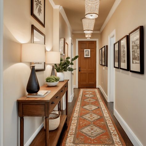 Entryway Ideas For Long Hallway, Decor For Narrow Entryway, Narrow Hallway Painting Ideas, Decorate Long Narrow Hallway, Long Hallway Entrance Ideas, Narrow Hallway Interior Design, Narrow Foyer Design, Small Narrow Hallway Decorating, Passage Decor Hallways