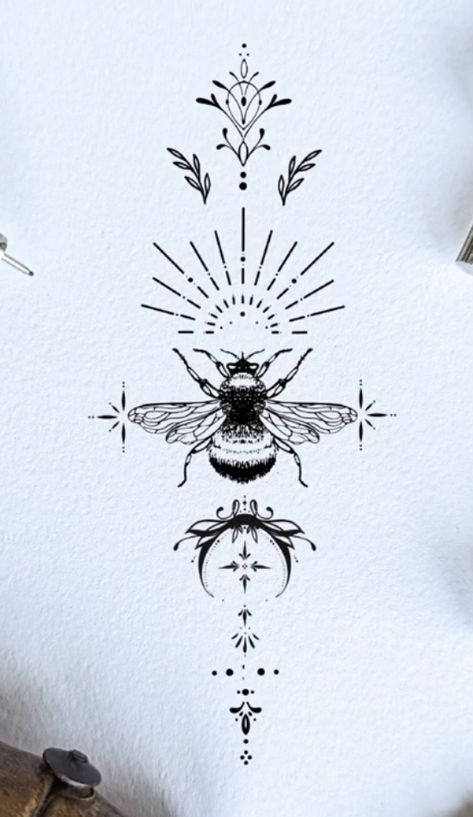 Honey Bee Tattoo Ideas Unique, Abstract Bee Tattoo, Bee Spine Tattoo, Boho Tattoo Ideas Hippie Bohemian, Bee Tattoo Drawing, Dragonfly Sternum Tattoo, Bee Tattoos For Women, Yellow Flower Tattoos, Danny Tattoo