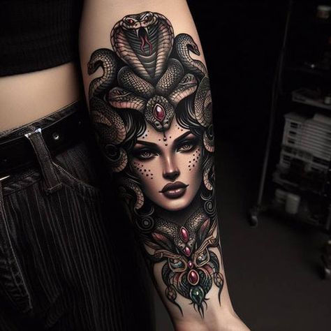 Medusa Tattoo Powerful, Beauty Lies Within Tattoo, Medusa Theme Sleeve, Goth Woman Tattoo, Snake Cover Up Tattoos For Women, Medusa Throat Tattoo, Unique Medusa Tattoo On Thigh, Goth Medusa Tattoo, Thigh Tattoos Medusa