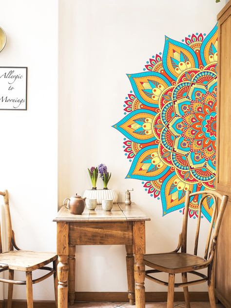 Multicolor    PVC Tribal Wall Stickers    Home Decor Hindu Decor, Sala Yoga, Yoga Room Design, Turquoise Mandala, Mandala Decals, Large Wall Stencil, Wall Sticker Design, Yoga Studio Design, Wall Stencil