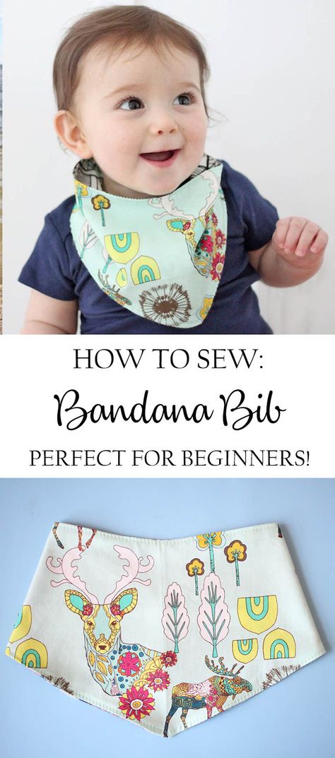 How to sew a Bandana Bib. Perfect for beginners! #sewing #sew Sew A Bandana, Drool Bibs, Sewing 101, Baby Bandana Bibs, Beginner Sewing, Beginner Sewing Projects Easy, Bandana Baby, Sewing Projects For Kids, Leftover Fabric