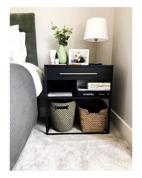 Eucalyptus In Vase, Ikea Bedside, Bedside Lockers, Black Bedside, Black Bedside Table, High Beds, Old Design, Painted Drawers, Bedside Night Stands