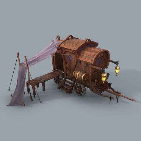 Campsite Concept Art, Fantasy Caravan Concept Art, Dnd Caravan, Fantasy Caravan, Caravan Design, Low Poly Car, Props Concept, Isometric Art, Dnd Art