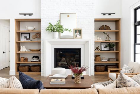 A Step-By-Step Built-In Styling Process Cast Stone Fireplace Surround, Mcgee Home, Stone Fireplace Surround, Built In Shelves Living Room, White Brick, Studio Mcgee, Fireplace Surrounds, Front Room, Built Ins