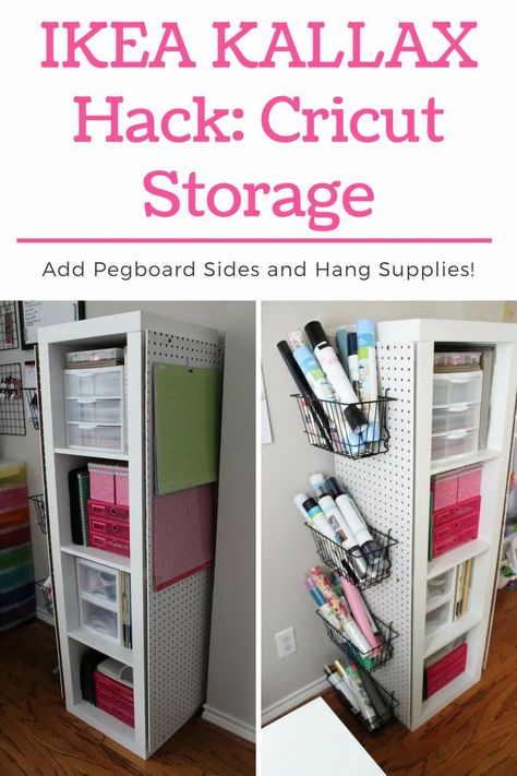 DIY Cricut organization project. Fun way to organize rolls of vinyl, HTV, Cricut mats, and cardstock using an IKEA KALLAX with pegboard on the side. Easy IKEA hack using the KALLAX for great craft storage. Craft room ideas! #craftroomideas #ikeahack #cricutorganzation #cricutstorage #cricut #crafty Cricut Mat Organization, Kallax Cricut Storage, Circuit Craft Room, Cricut Ikea Storage, Diy Cricut Storage Ideas Small Spaces, Circuit Storage Ideas, Cricut Vinyl Storage Ideas Diy, Htv Vinyl Storage Ideas, Cricut Storage Ideas Organizing