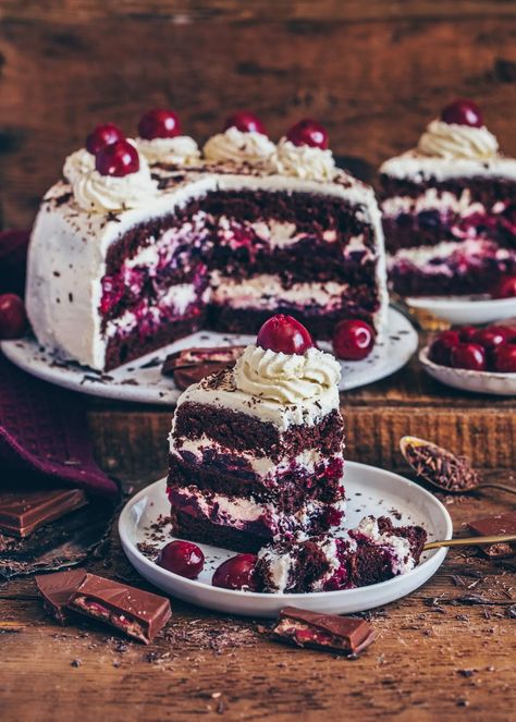 Black Forest Cake - Chocolate Cake with Cherries and Cream Black Forest Cake Easy Recipes, Cake Black Forest, Catherine Zhang, Fluffy Chocolate Cake, Chocolate Cherry Cake, Microwave Cake, Dairy Free Cream, Black Forest Cake, Forest Cake