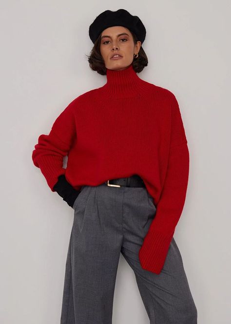 Red Jumper Outfit, Red Sweater Outfit, Red Pants Outfit, Cold Fashion, Casual Couture, Polished Casual, Oufits Casual, Zara Outfit, Pullover Outfit