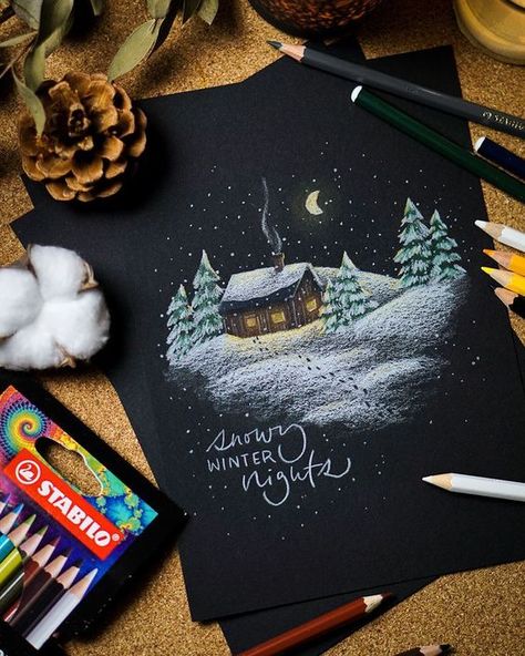 Christmas Drawing Ideas16 Cozy cabin in snowy winter landscape drawn with colorful pencils on black paper, surrounded by art supplies. | Sky Rye Design Color Pencil Christmas Cards, Christmas Colored Pencil Drawings, Winter Aesthetic Drawing, Winter Drawings Pencil, Christmas Drawings Beautiful, Pencil Drawing Christmas, Christmas Scenery Drawing, Christmas Gifts Drawing, Colour Pencil Drawing Ideas