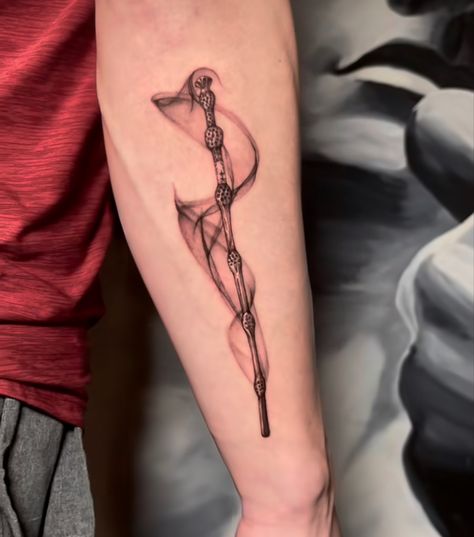 Harry Potter Elder Wand Tattoo, Crystal Wand Tattoo, Harry Potter Spells Tattoo, Dumbledore Wand Tattoo, Harry Potter Wand Tattoos, Wand Tattoo Harry Potter, Elder Wand Harry Potter, Elder Wand Tattoo, Unique Harry Potter Tattoo