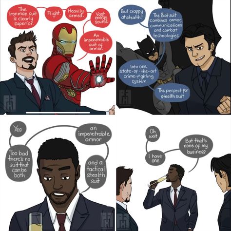 Batman And Iron Man, Iron Man Memes, Marvel Heroes Names, Funny Batman, Dc Comics Funny, Marvel And Dc Crossover, Superfamily Avengers, Marvel Headcanon, T Challa