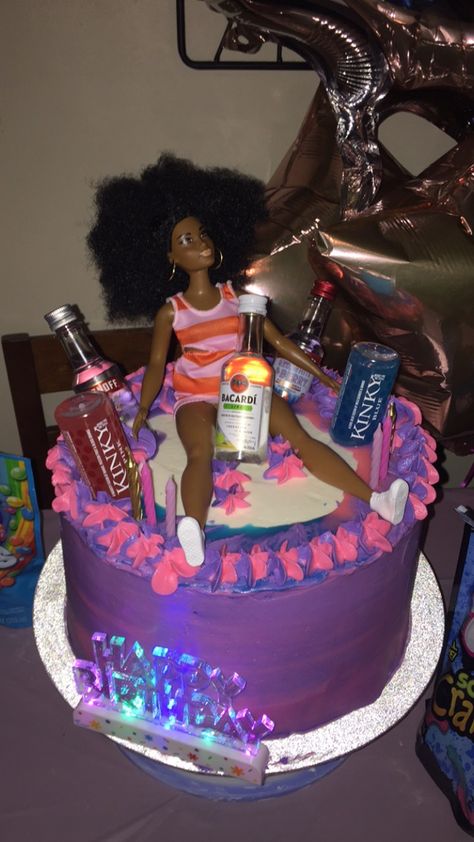 D'usse Birthday Cake, 21st Birthday Alcohol Cake Tower, Pink Birthday Cake With Alcohol Bottles, Drunken Barbie Cake 21st Birthday, Cake Designs With Liquor Bottles, 21st Birthday Cake Alcohol Mini Bottles, Sweet 16 Party Planning, Barbie Doll Cakes, 21st Birthday Cakes