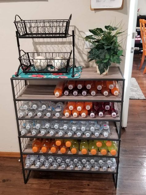 Drink Stations Home, Extra Drink Storage Ideas, Drink Storage Ideas Small Spaces, Soda Storage Ideas, Drinks Organization, Snack Storage Ideas Small Spaces, Bulk Storage Ideas, Drink Storage Ideas, Snack Station Ideas