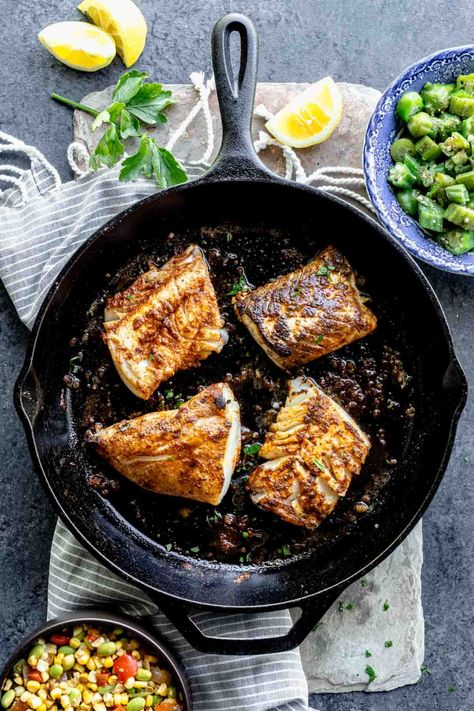 Recipes Cast Iron Skillet, Cajun Cod, Cod Fish Recipe, Blackened Cod, Summer Succotash, Fish Entrees, Blacken Fish, Cod Fish Recipes, Homemade Cajun Seasoning