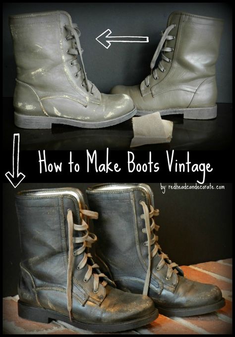 Tutorial on how to make new boots look vintage! Diy Boots, How To Make Boots, Upcycle Inspiration, Vintage Redhead, Distressed Boots, Boots Diy, Diy Project Ideas, Book Tutorial, Boots Look