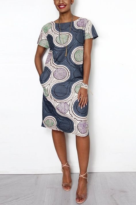 Grey African Print A Line Shift Dress African Print Shift Dress, African Shift Dresses For Women, African Shift Dress, Chitenge Dresses, A Line Shift Dress, Dress Types, White Shift Dress, Neutral Print, African Outfits