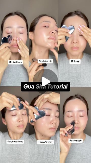 Yuri Lee on Instagram: "Gua Sha Tutorial for smile lines, double chin, 11 lines, forehead lines, crow’s feet, and puffy nose🫶 Used @guerlain watery youth oil & terahertz Gua Sha. (link in my Amazon storefront🩷) Repeat each movement 10 times🫡 #guasha #guashatutorial #smilelines #crowsfeet #frownlines #doublechin #puffyeyes #antiaging #facemassage" Guasha For Smile Lines, Guasha Smile Lines, Gus Sha Smile Lines, Gua Sha For 11 Lines, Gus Sha Tutorial, Gua Sha Frown Lines, Guasha Massage Faces Double Chin, Under Eye Gua Sha, Guasha Forehead Wrinkles