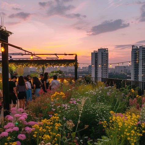 Rooftop Garden Party: As the sun sets, guests enjoy a vibrant garden party on a rooftop overlooking the cityscape. #rooftop #garden #party #sunset #cityscape #guests #blooming #flowers #aiart #aiphoto #stockcake https://ayr.app/l/78jK Rooftop Flower Garden, Rooftop Garden Aesthetic, Caviar Brunch, Cityscape Rooftop, Rooftop Garden Wedding, Terrace Party, Sunset Cityscape, Party Image, Garden Retreat