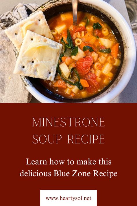 Minestrone Soup is not only a hearty Italian soup, it’s also a “Blue Zone” recipe which means it's attributed to longevity! #minestrone #minestronesoup #minestronesouprecipe #bluezone #bluezonerecipe #italy #italiansoup #sardiniaitaly #healthysoup #healthyrecipe Minestrone Soup Recipe Blue Zone, Bluezone Recipes, Blue Zones Diet, Blue Zones Recipes, Longevity Recipes, Zone Recipes, Minestrone Soup Recipe, Italian Comfort Food, Italian Soup