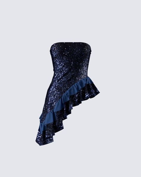 Glam Tops Outfit, Glam Looks Outfit, Sea Inspired Fashion, Navy Clothes, Sparkle Dresses, Ruffle Tops, Dream Prom Dress, Sequin Knit, Evening Look