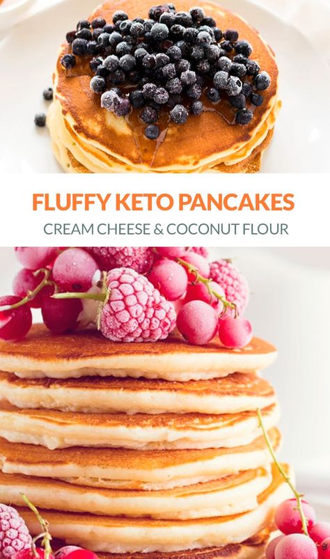 Fluffy keto pancakes made with eggs, cream cheese and coconut flour as the main ingredients. 3 g net carbs per pancake. Serve with low-carb berries and sugar-free syrup alternative. These are gluten-free and grain-free. Photo and guest recipe from Catalina Castravet of Sweet & Savory Meals. #keto #ketopancakes #pancakes #glutenfree #creamcheese #coconutflour Gf Pancake Recipe, Syrup Alternative, Gf Pancake, Fluffy Keto Pancakes, Eggs Cream Cheese, Keto Cream Cheese Pancakes, Recipes Using Cream Cheese, Pancakes Fluffy, Smoked Salmon And Eggs