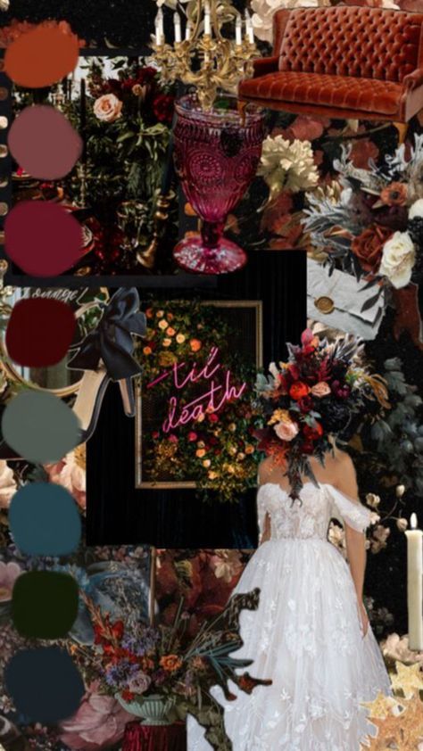 This is someone else’s collage and I love the color scheme. Two minds think a like lol Dark Romantic Wedding, Romantic Wedding Colors, Dark Wedding Theme, Wedding Color Scheme, Wedding Color Pallet, Fall Wedding Color Palette, Jewel Tone Wedding, Dark Wedding, Fairy Wedding