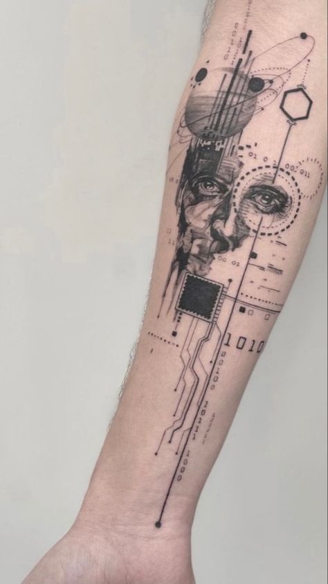 Computer Tattoo, Rip Tattoos For Mom, Electronic Tattoo, Geometric Tattoo Sleeve Designs, Cyberpunk Tattoo, Sketch Style Tattoos, Tattoo Inspiration Men, Cool Forearm Tattoos, Geometric Tattoo Design