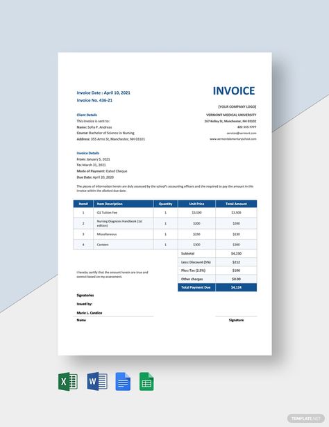 Nursing School Invoice Template Donation Receipt, School Donations, Bachelor Of Science In Nursing, School Nursing, Academy Logo, Google Spreadsheet, Docs Templates, Receipt Template, Document Templates