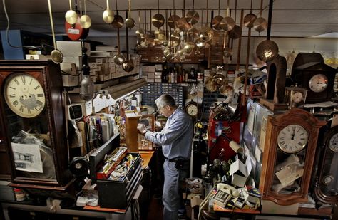 Rich Gilbert is an Oconomowoc craftsman who specializes in restoration and repair of antique clocks. His workshop is filled with the constant sound of ticking, clicking, chiming and whirring from hundreds of timepieces ranging from grandfather clocks to mantel pieces. Antique Clock Repair, Broken Clock, Christmas Fireplace Mantels, Painted Brick Fireplaces, Grandfather Clocks, Cuckoo Clocks, Steampunk Clock, Contemporary Fantasy, Clock Repair