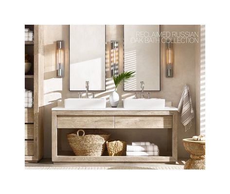 RH Beach House. Discover the New Reclaimed Bleached Russian Oak Collection. - RH Email Archive Rh Beach House, Rh Bathroom, Restoration Hardware Bathroom, Beach House Rug, Modern Bathroom Cabinets, Bath Cabinets, Storage Mirror, House Beds, Furniture Vanity