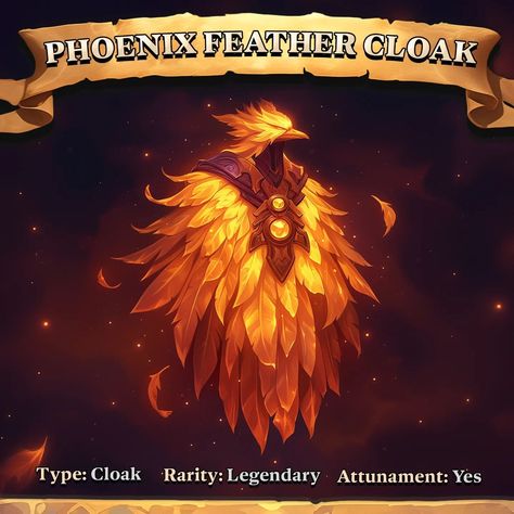 🔸Phoenix Feather Cloak 🔸 Phoenix Dnd, Magic Cloak, Feather Cloak, Homebrew Items, Claw Game, Dnd Homebrew, Phoenix Feather, Magic Items, Armors