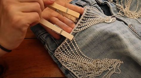 Rhinestone Fringe Jeans, Rhinestone Fringe, Diy Rhinestone Jeans, Long Sleeve Shirt Diy, Heavy Fringe, Rhinestone Skirt, Rhinestone Jeans, Sparkly Shorts, Fringe Clothing