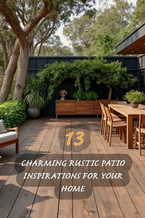 I absolutely love how this rustic patio design blends seamlessly with nature! The combination of wooden decking, lush greenery, and stylish furniture creates a warm and inviting outdoor space. Here are 13 ideas to transform your patio into a charming retreat where you can enjoy relaxing moments and entertaining guests. Rustic Patio Ideas, Hollywood Regency Bedroom, Wooden Decking, Lodge Look, Rustic Patio, Patio Design Ideas, Patio Inspiration, Patio Flooring, Traditional Dining Room